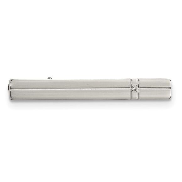 Stainless Steel & CZ Polished Grooved Tie Bar Clip, 7 x 60mm - Picture 1 of 4